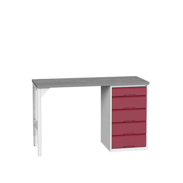 bott verso Unterbauwerkbank (Linoleum-Platte) mit 5 Schubladen (Breite: 525mm) BxTxH: 1500 x 600 x 930 mm, Lichtgrau / Purpurrot, 16921910.24