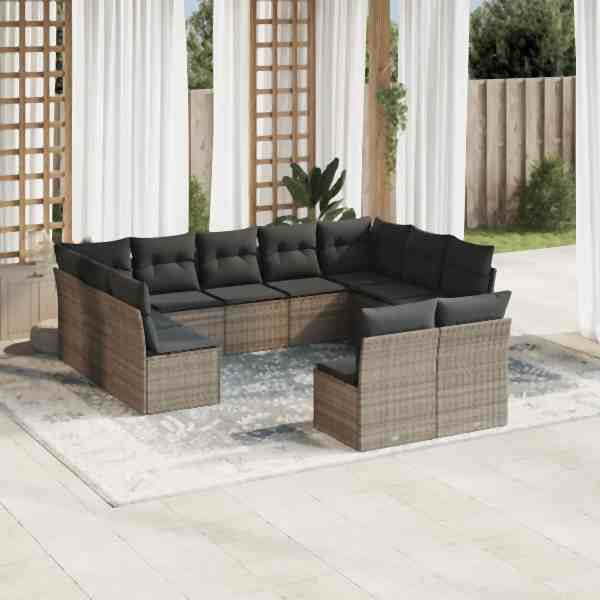 vidaXL 11-tlg. Garten-Sofagarnitur mit Kissen Grau Poly Rattan, UV-beständig, 3250189
