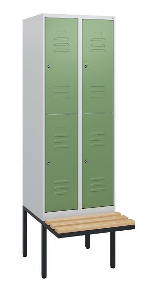 C+P Doppelstöckiger Spind Classic PLUS, 2 Abteile, 1950x600x815mm, 7035/6011, Zylinderschlösser, Buche-Sitzleisten, Sitzfläche, 0803405-20 S10036