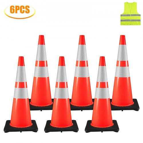 VEVOR Verkehrssicherheitskegel, 6 Stück, PVC-Parkkegel, 91,4 cm, mit 2 reflektierenden Kragen, 35,6 x 35,6 cm, schwarze Gummibasis, 36INHDBJMLZ6PCS01V0
