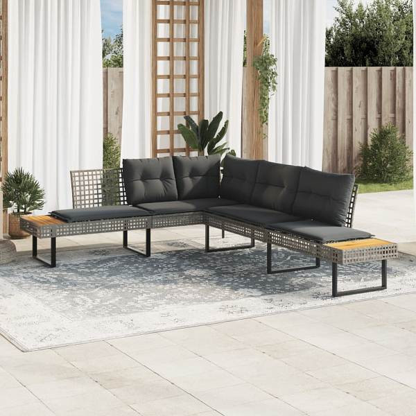 vidaXL Gartensofa in L-Form mit Kissen Grau Poly Rattan und Akazie, UV-beständig, 365635