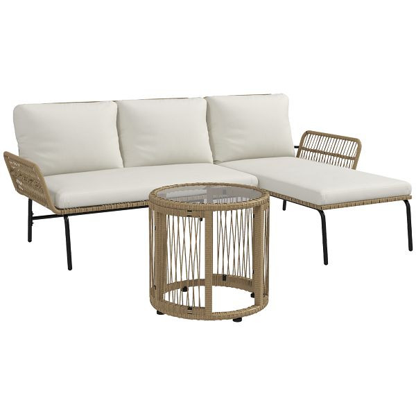 Outsunny Gartensitzgruppe Loungemöbel-Set, PE Rattan, 122 x 79 x 75 cm, Natur + Cremeweiß, 860-329V00CW