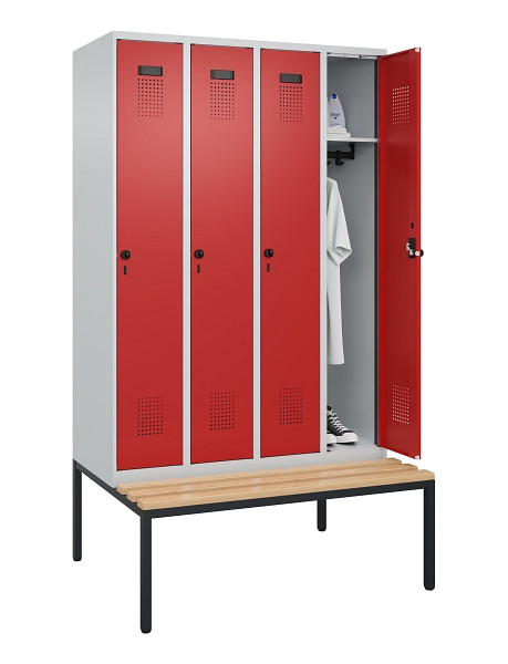 C+P Spind Evolo PLUS, 4 Abteile, 2120x1200x815mm, 7035/3000, Haken 3, Drehriegel, Sitzfläche Buche-Hartholz, Sitzbank, 0490507-40 S10003