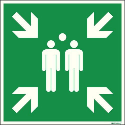 DENIOS Rettungsschild "Sammelstelle", ISO 7010, Aluminium, langnachleuchtend, 400 x 400 mm, 219197