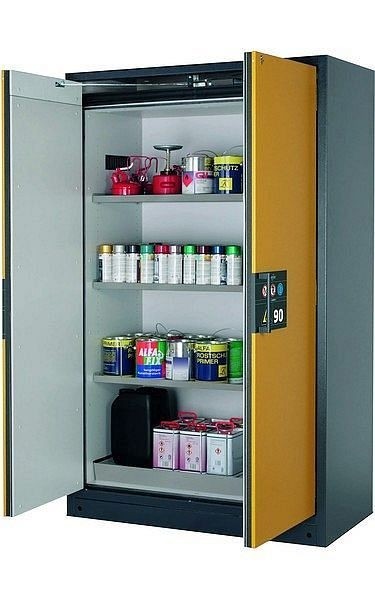 asecos Sicherheitsschrank Q-PEGASUS-90, Q90.195.120.WDAC in sicherheitsgelb RAL 1004 mit 3x Fachboden (Edelstahl), 30002-040-30008