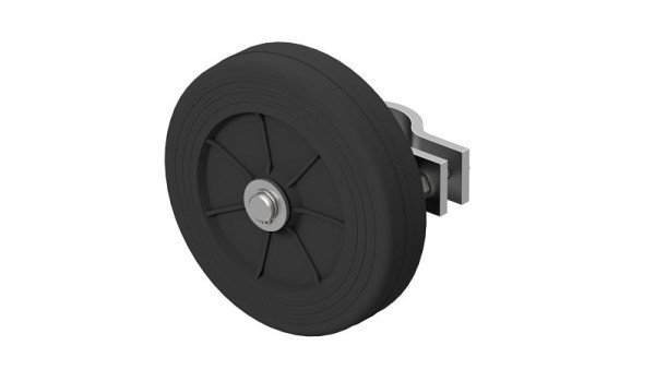 Schake Gummi-Laufrolle Ø150mm, schwarz, Kunststofffelge, Gleitlager inkl. Befestigungsvorrichtung für Rohrdurchmesser 40-45mm, 3R117