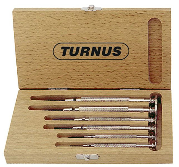 KUKKO Uhrmacher-Schraubendreher Satz im Holzkasten, Schlitz Profil: 1,0; 1,5; 2,0; 2,5; 3,0; 3,5, VE: 5 Stück, 250-560