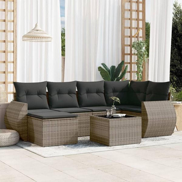 vidaXL 7-teilig Garten-Sofagarnitur mit Kissen Grau Poly Rattan, 3254007