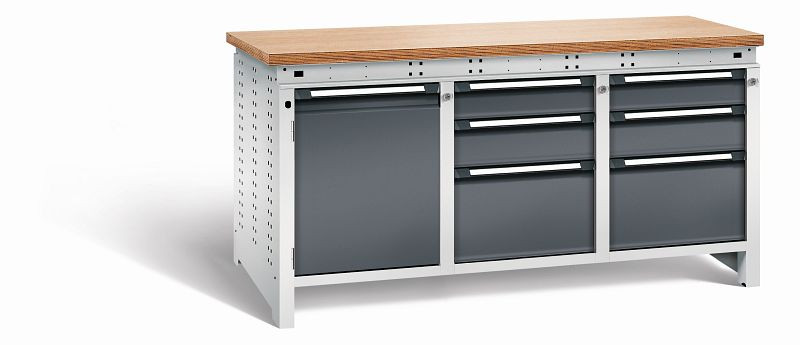 Otto Kind Werkbank Serie function Typ 311, Multiplexplatte 40 mm, bündig, 2x Unterbau + mittleres Feld, Gehäuse RAL 7035, Front RAL 7016, 072366149