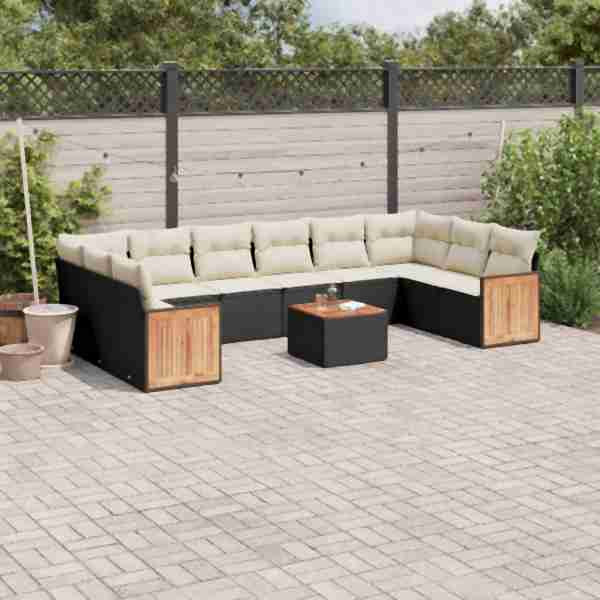 vidaXL 11-tlg. Garten-Sofagarnitur mit Kissen Schwarz Poly Rattan, UV-beständig, 3228009
