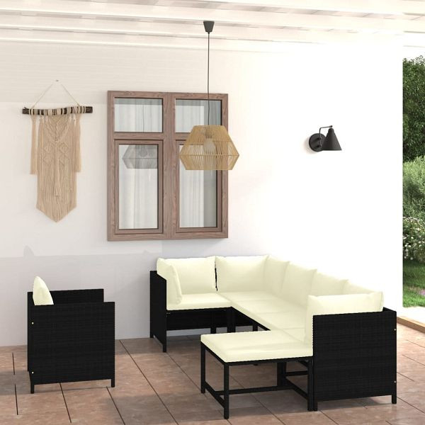 vidaXL 7-tlg. Garten-Lounge-Set mit Kissen Poly Rattan Schwarz, 3059788