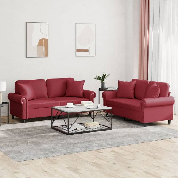 vidaXL 2-teilig Sofagarnitur mit Kissen Weinrot Kunstleder, 3202163