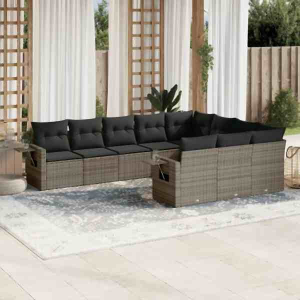 vidaXL 10-tlg. Garten-Sofagarnitur mit Kissen Grau Poly Rattan, UV-beständig, 3253027