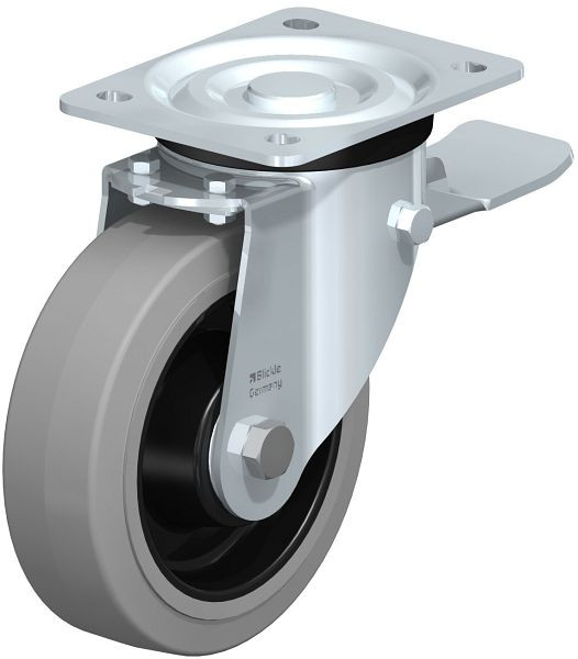 Blickle L-POEV 160K-ST-SG Stahlblech-Lenkrolle, mittelschwere Ausführung, mit Anschraubplatte & Feststeller, Elastik-Vollgummi, Grau, 255331