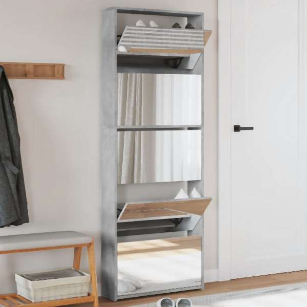 vidaXL Schuhschrank mit Spiegel 5 Fächer Betongrau 63x17x169,5 cm, 3228281