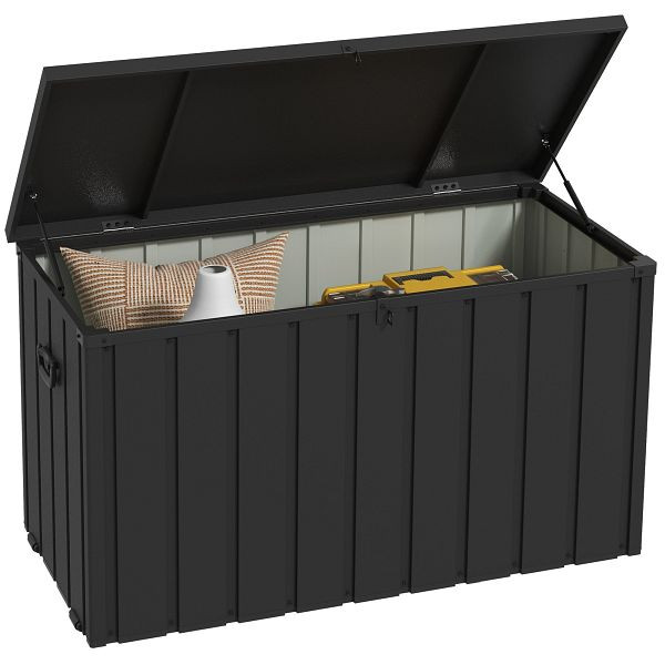 Outsunny Aufbewahrungsbox, Gartentruhe, 450L Stauraum, 2 Räder, Stahlrahmen, 125x61x70 cm, Dunkelgrau, 84G-326V00BK