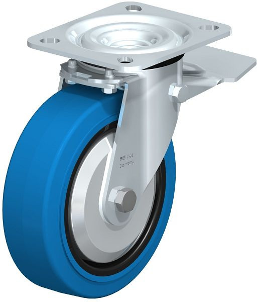 Blickle L-POEV 125XR-ST-SB-FA Stahlblech-Lenkrolle, mittelschwere Ausführung, mit Anschraubplatte & Feststeller, Elastik-Vollgummi, Blau, 850557