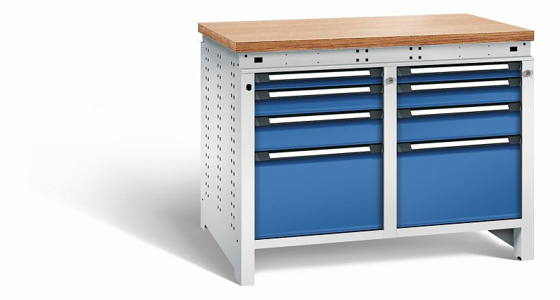 Otto Kind Werkbank Serie function Typ 216, Multiplexplatte 40 mm, bündig, 2x Unterbau + Zentralverschluss, Gehäuse RAL 7035, Front RAL 5010, 072346186