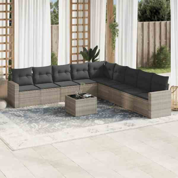 vidaXL 10-tlg. Garten-Sofagarnitur mit Kissen Hellgrau Poly Rattan, UV-beständig, 3219092