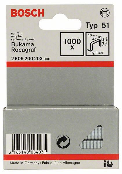 Bosch Flachdrahtklammer Typ 51, 10 x 1 x 14 mm, 1000er-Pack, 2609200203