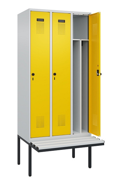 C+P Spind Evolo PLUS, 3 Abteile, 2120x900x815mm, 7035/1023, Haken 4, Drehriegel, Material Sitzfläche Kunststoff, 0490407-30F S10055