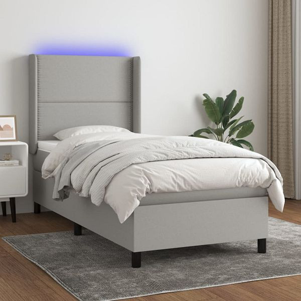 vidaXL Boxspringbett mit Matratze & LED Hellgrau 100x200 cm Stoff, 3138213