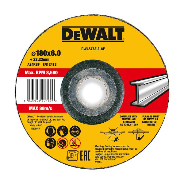 DeWalt High Performance Schruppscheibe 180x6x22,23 mm Metall Typ 42 (gekröpft), DW4547AIA-AE