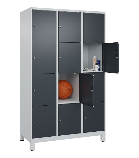 C+P Schließfachschrank Evolo PLUS, mit Füßen, 12 Fächer, 1950x1200x500mm, 7035/7016 Anthrazitgrau, Abteile 3, Abteilbreite 400 mm, 049010-324 S10012