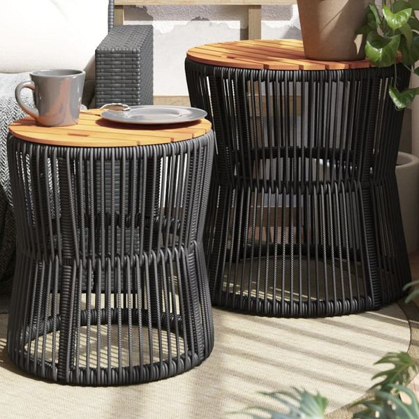 vidaXL Garten-Beistelltische 2 Stück mit Holzplatte Schwarz Poly Rattan, 366291