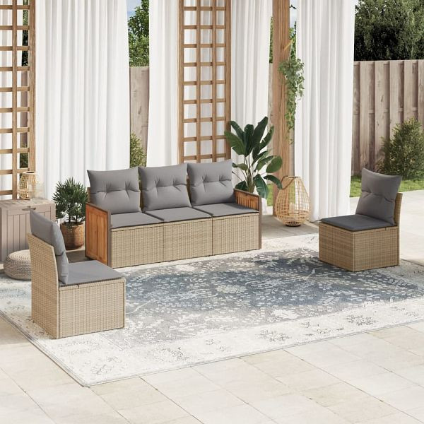 vidaXL 5-teilig Garten-Sofagarnitur mit Kissen Beige Poly Rattan, 3259931