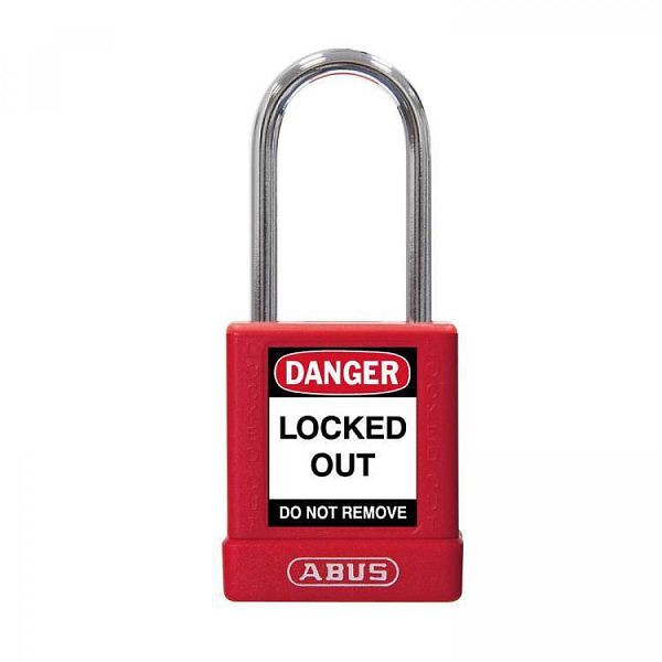 Abus Safety Schloss, 40 mm, Aluminiumkörper kunststoffummantelt, ohne Bügelüberzug, mit Warnaufklebern 74BS/40 rot, VE: 6, 77569 7