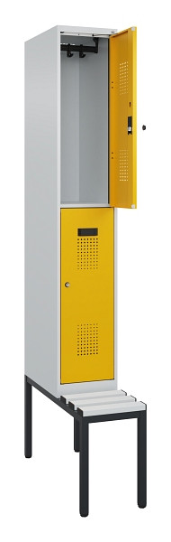C+P Doppelstock-Spind Evolo PLUS, Bank, 2 Fächer, 2120x300x815mm, 7035/1004, Zylinderschloss, Sitzfläche Kunststoff, Sitzbank, 0493507-10 S10108
