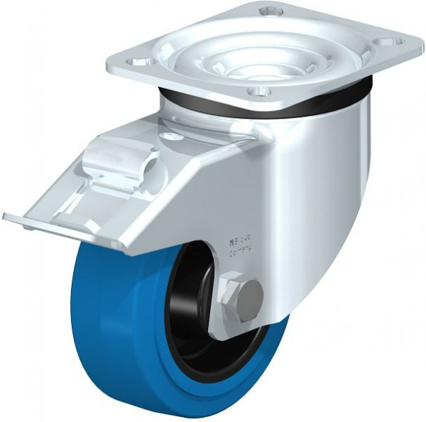Blickle LK-POEV 100XR-1-FI-SB Stahlblech-Lenkrolle, schwere Ausführung, mit Anschraubplatte & Feststeller, Elastik-Vollgummi, Blau, 850925