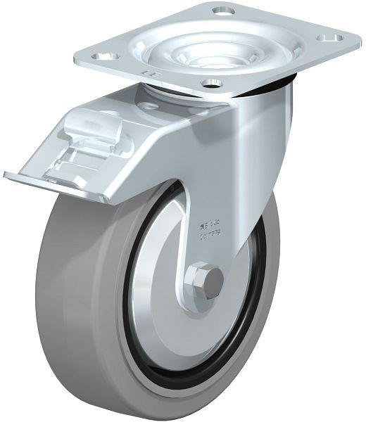 Blickle LE-POEV 125R-FI-SG-FA Stahlblech-Lenkrolle mit Anschraubplatte & Feststeller, Elastik-Vollgummi, Grau, 680983