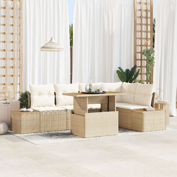 vidaXL Garten Sofa Set 6-teilig Beige, Creme Rattan, Polyester, 3350073