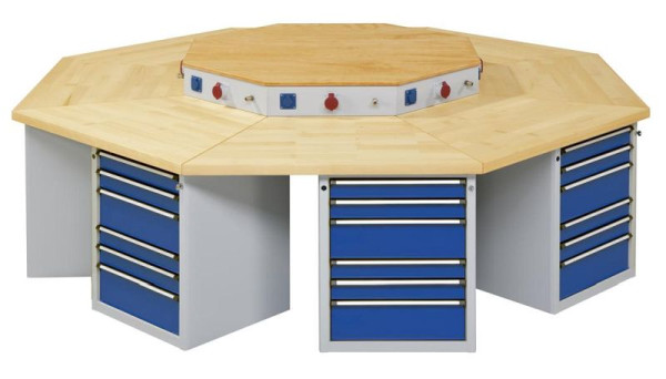 ANKE Werkbänke 8-Eck-Gruppenwerkbank; 8 Arbeitsplätze; 3018x3266x900 mm; RAL 7035/5010; Buche-Massiv-Platte 50 mm; Kantenlänge 1250 mm, 440.712