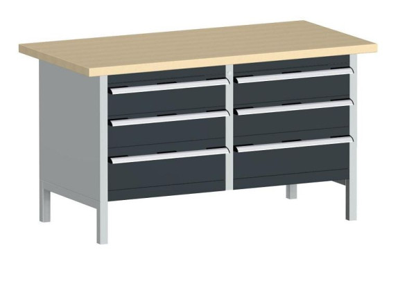 bott cubio Kastenwerkbank mit 6 Schubladen Multiplex-Arbeitsplatte BxTxH: 1500 x 750 x 840 mm, RAL 7035/7016, 41002031.19V