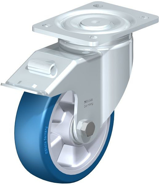 Blickle LH-ALBS 160K-FI Stahlblech-Lenkrolle, Schwerlast-Ausführung, mit Anschraubplatte & Feststeller, Blickle Besthane® Soft, Blau, 740523