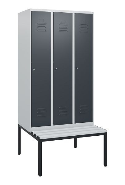 C+P Umkleidespind Classic PLUS, mit untergebauter Sitzbank, 3 Abteile, 1950x900x815mm, 7035/7016, Zylinderschlösser, 0800505-30 S10053