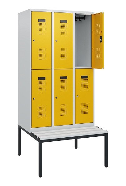 C+P Doppelstöckiger Spind Evolo PLUS, Bank, 6 Fächer, 1950x900x815mm, 7035/1004, Zylinderschloss, Sitzfläche Kunststoff, Sitzbank, 0493505-30 S10135