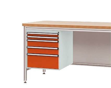 Manuflex Gehäuse-Unterbau für ALU-Arbeitstische, Nutzhöhe 500 mm mit 5 Schubfächern, für Tischtiefe 600 mm, Rotorange, ZB4875.2001