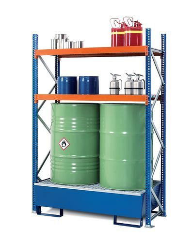 DENIOS Fass- und Kleingebinderegal GRS 1250, lackierte Auffangwanne, 2 Gitterrostböden, Grundfeld, 201815