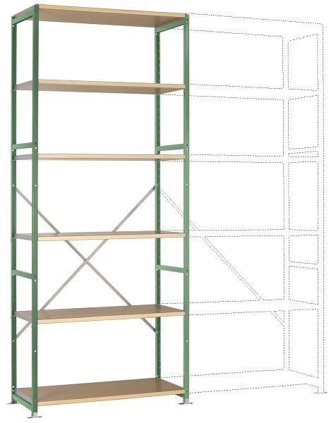 Manuflex Mittelschweres Fachboden-Steckregal Grundregal mit 6 Holzverbundböden, HxBxT = 2500 x 1030 x 400 mm, resedagrün, RP1306.6011