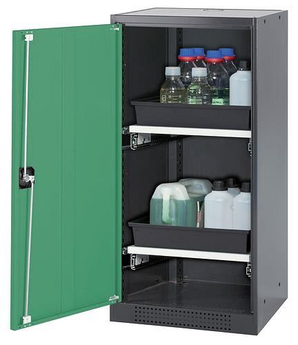 asecos Chemikalienschrank Systema-T CS-52L, Korpus anthrazit, Flügeltüren grün, 2 Tablarauszüge, 208624