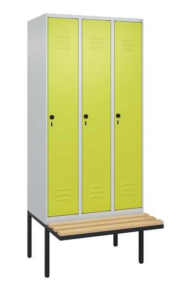 C+P Umkleidespind Classic PLUS, 3 Abteile, 2120x900x815mm, 7035/0024, Drehriegel, Buche-Sitzleisten, 3 Doppel-Haken, 0800407-30 S10010