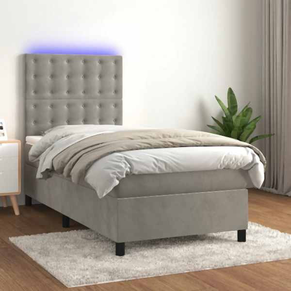 vidaXL Boxspringbett mit Matratze & LED Hellgrau 90x190 cm Samt, 3136335