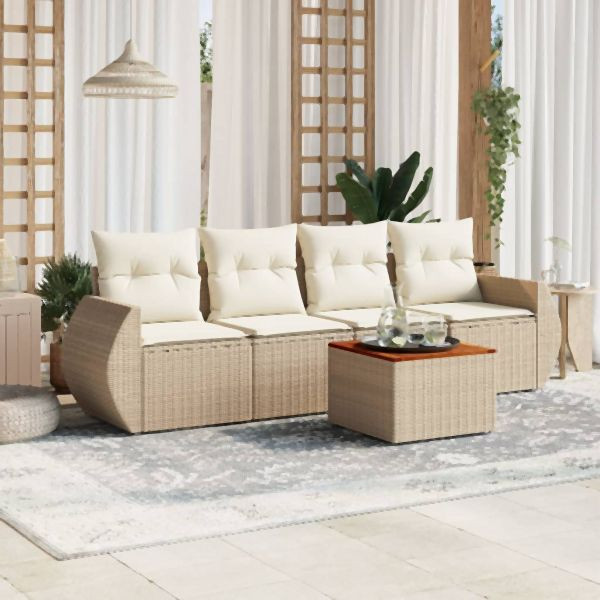 vidaXL 5-tlg. Garten-Sofagarnitur mit Kissen Beige Poly Rattan, 3224882