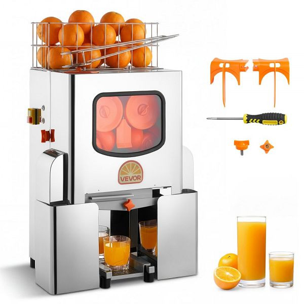 VEVOR Gewerbliche Orangenpresse 120W Edelstahl, Saftpresse für 20 Orangen/Minute, mit 2 Schalen-Auffangbehältern, BZDJLCZJ120W6PT99001V2