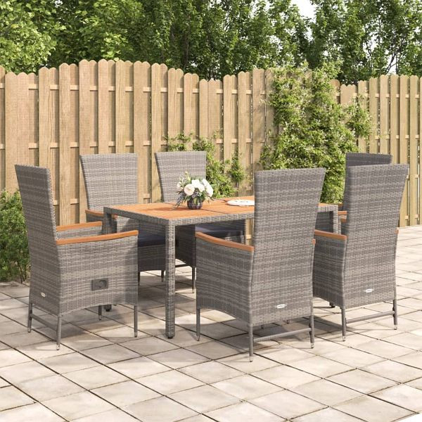 vidaXL 7-teilig Garten-Essgruppe mit Kissen Grau Poly Rattan, 3157550