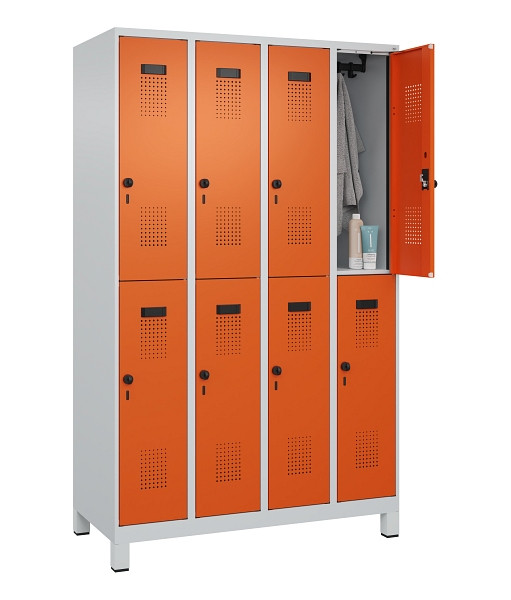 C+P Doppelstöckiger Spind Evolo PLUS, mit Füßen, 8 Fächer, 1950x1200x500mm, 703, Frontfarbe RAL 2004 Reinorange, Drehriegel, 049310-40 S10002